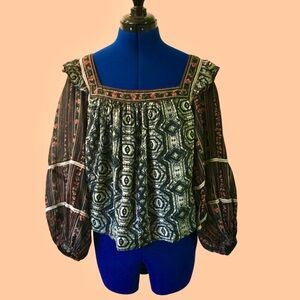 Free People Mostly Meadow Mixed Pattern Crop Boho Blouse - EUC Sz L